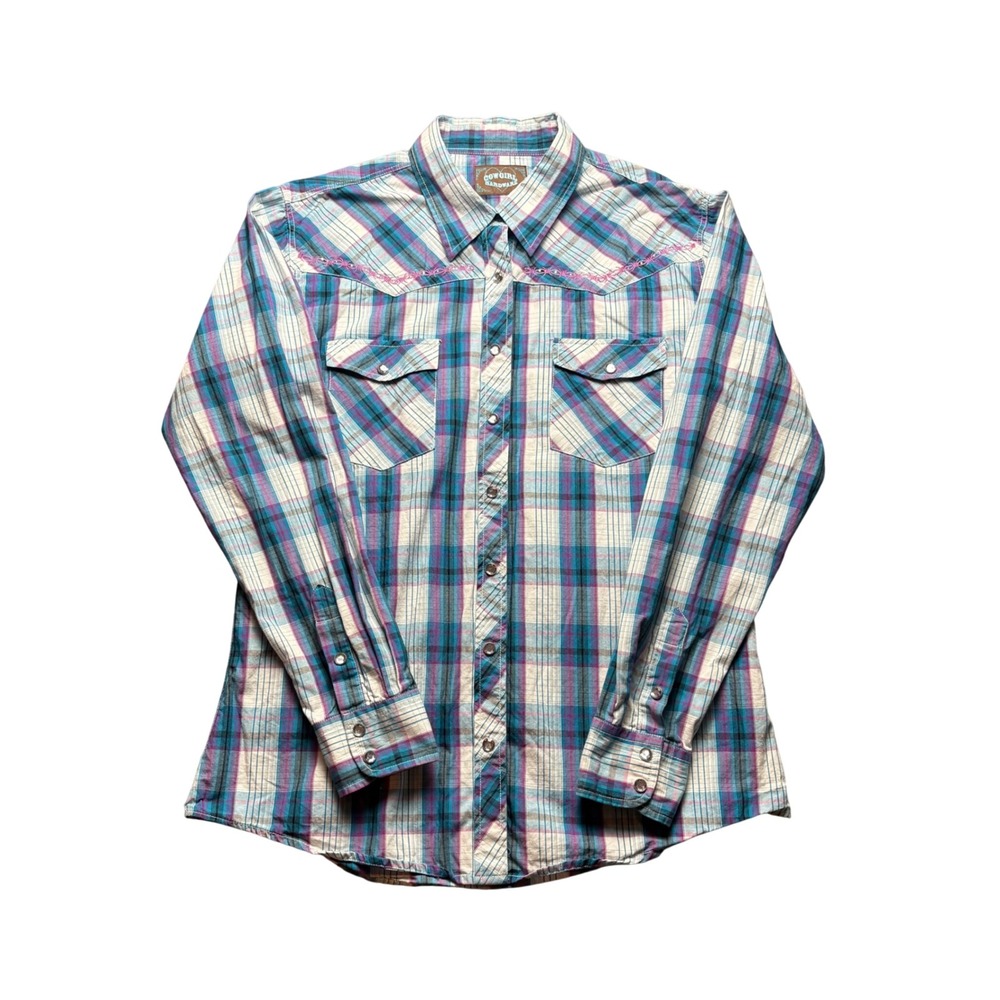 Cowgirl Hardware Shirt Womens XL Blue Purple Plaid Cotton Western Snap Yoke